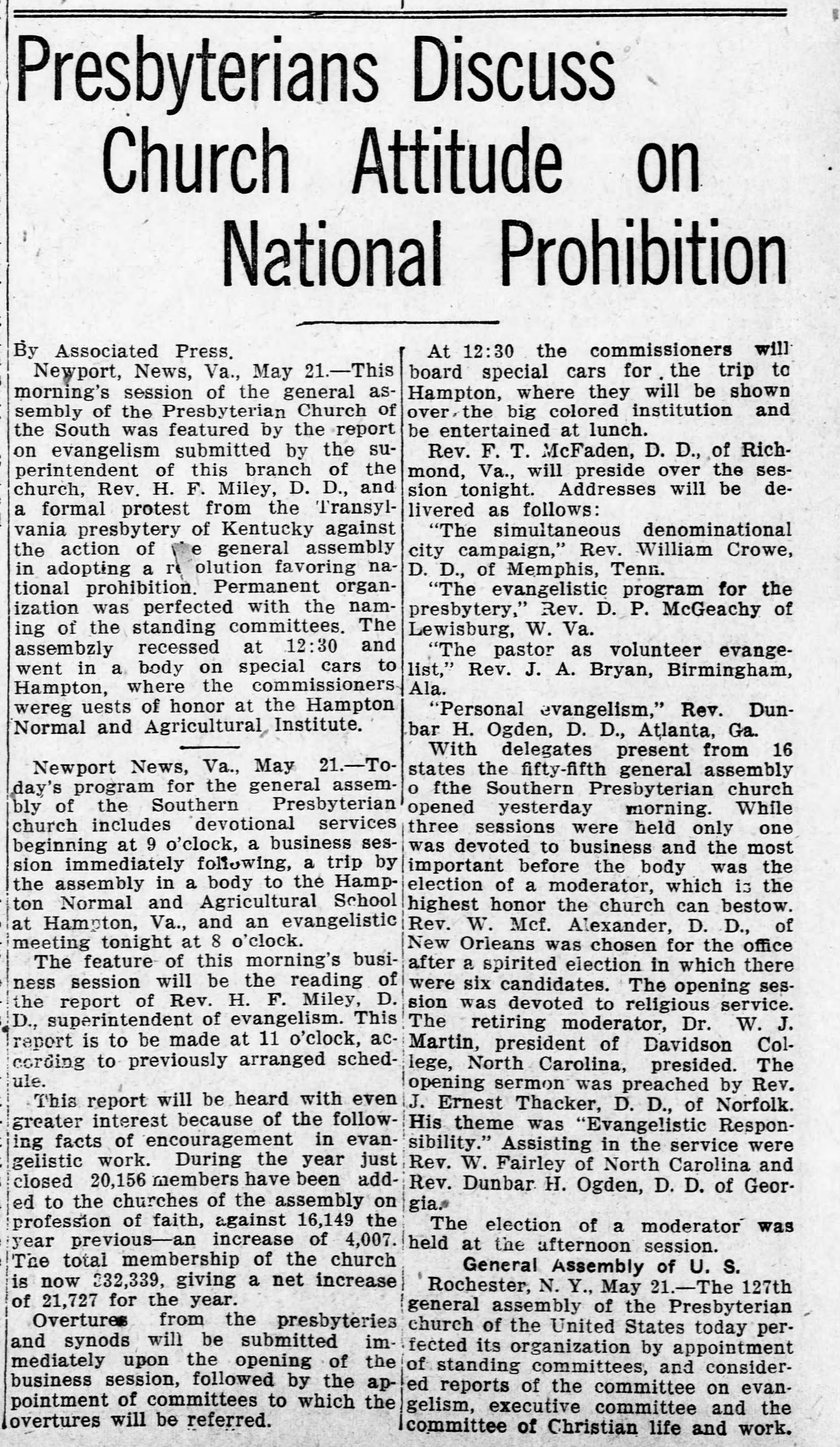 Presbyterians Discuss Church Attitude on National Prohibition